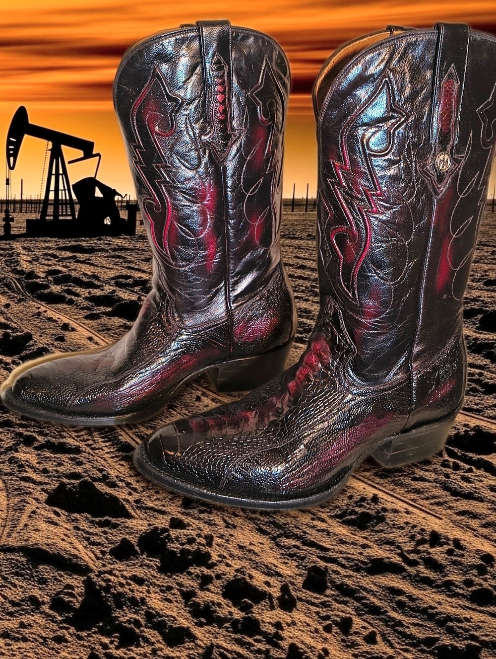 New Men's Genuine Ostrich Leg Western Boots By Montana, 10.5 Black & Red